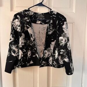 Jessica‎ Howard Floral Print Blazer Open Front Career Jacket Black White Size 14
